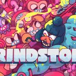 Grindstone banner. Blue muscular warrior is slashing through pink-coloured monsters.