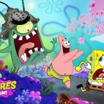 SpongeBob adventures in a jam banner featuring SpongeBob and Patrick running away from a giant Plankton amongst jelly fishes.